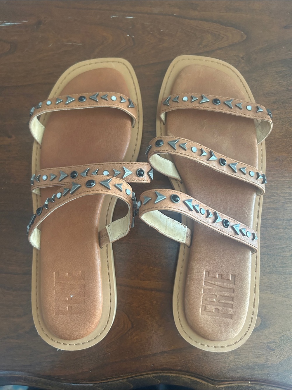 FRYE Tan Leather Studded Triple-Strap Slide Sandals